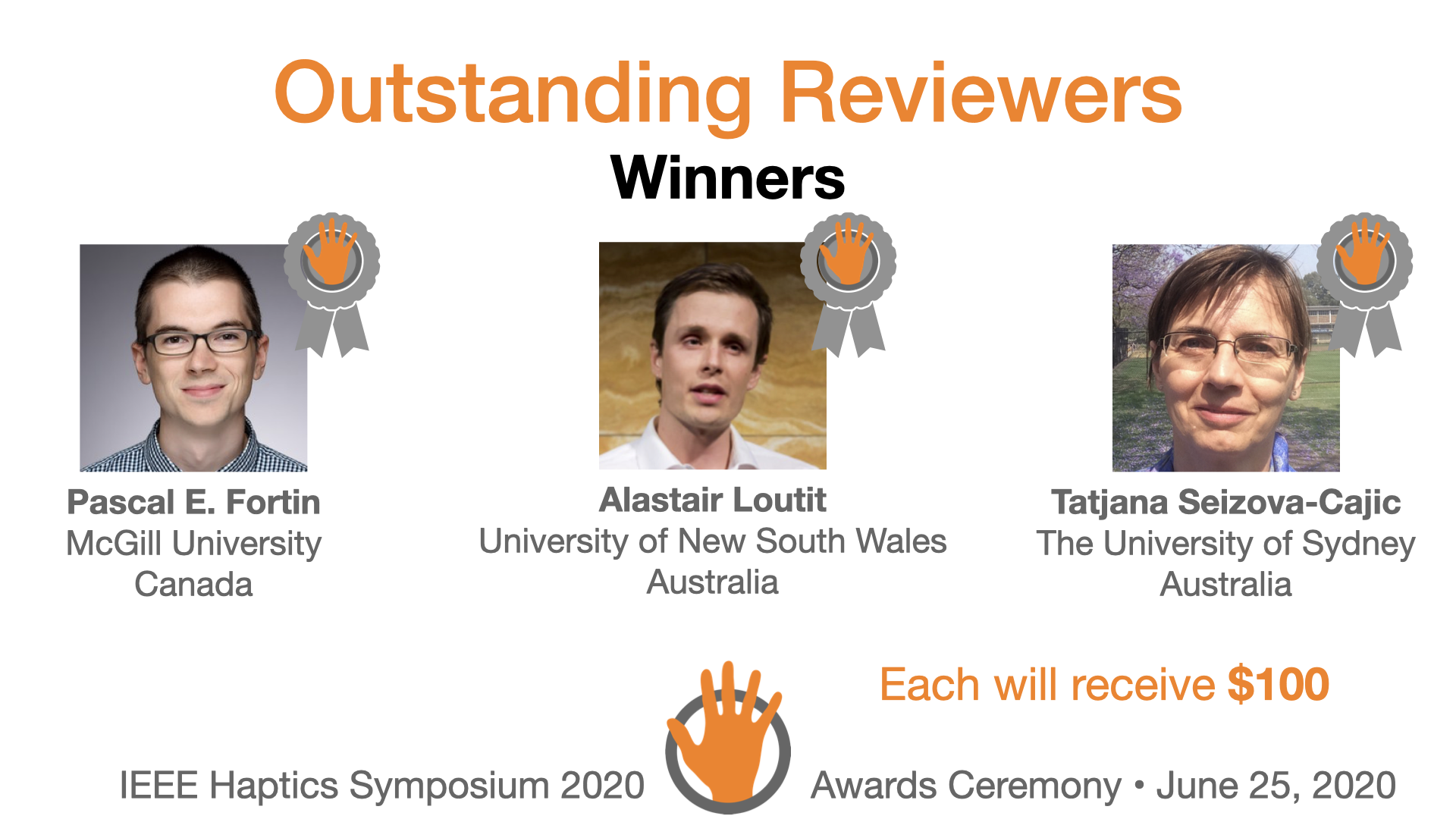 An award slide featuring the three winners of the outstanding reviewers award