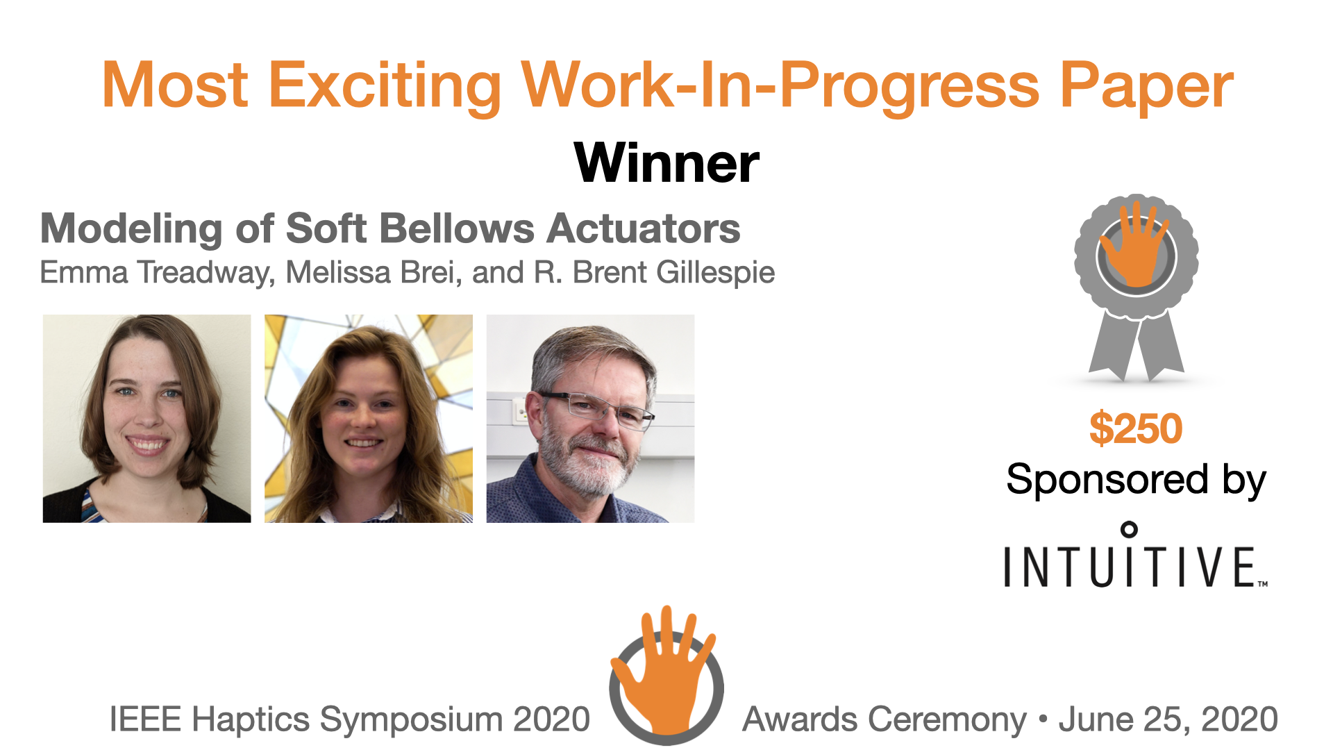 An award slide featuring the authors and sponsor