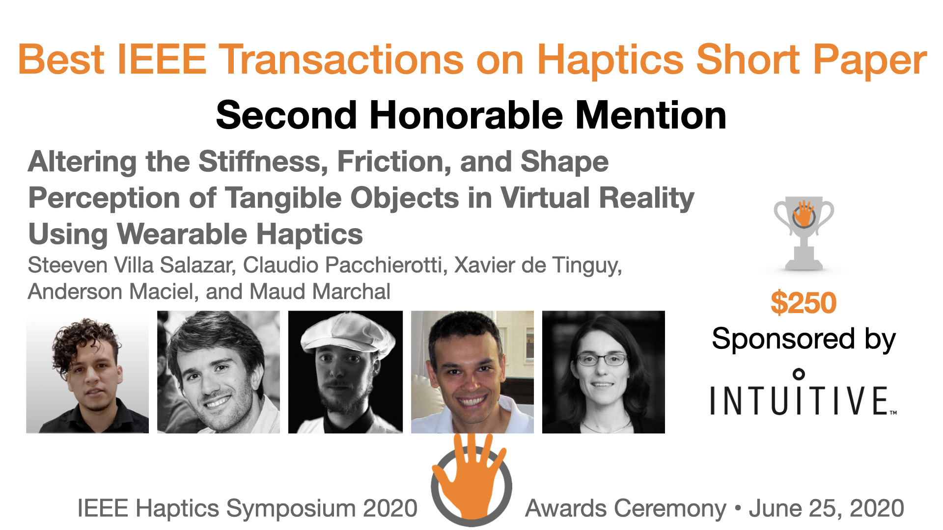 An award slide featuring the authors and sponsor